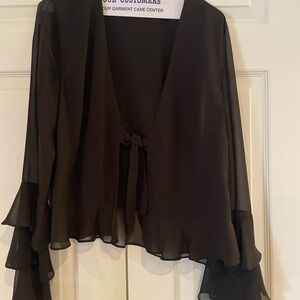 Tularosa Black Sheer Tie-Front Blouse with Ruffle Sleeves